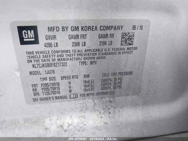 Chevrolet Trax 1ls 2015 KL7CJKSB0FB217322 Image 9