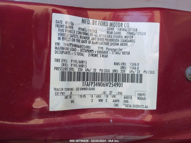 Продажа на аукционе авто 2006 Ford Focus Zx4, vin: 1FAFP34N06W254901, номер лота: 38795829