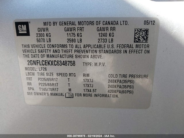 2012 CHEVROLET EQUINOX LS VIN: 2GNFLCEKXC6348758