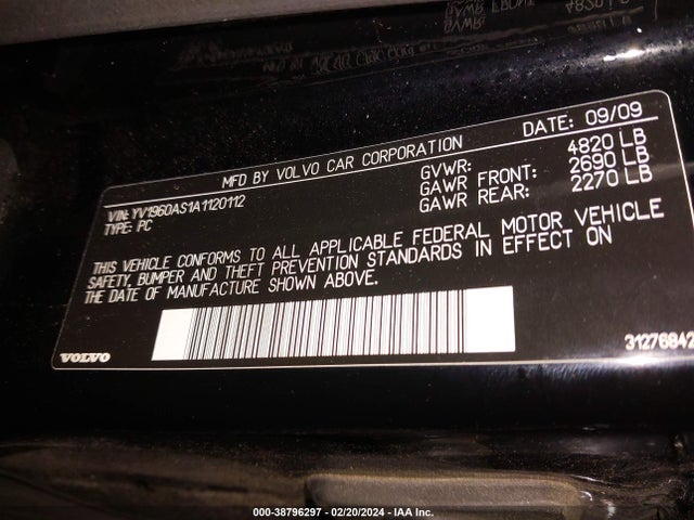 2010 VOLVO S80 3.2 VIN: YV1960AS1A1120112