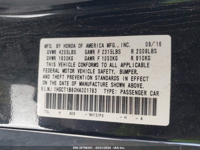 Honda Accord Ex-l 2017 1HGCT1B80HA001783 Image 9