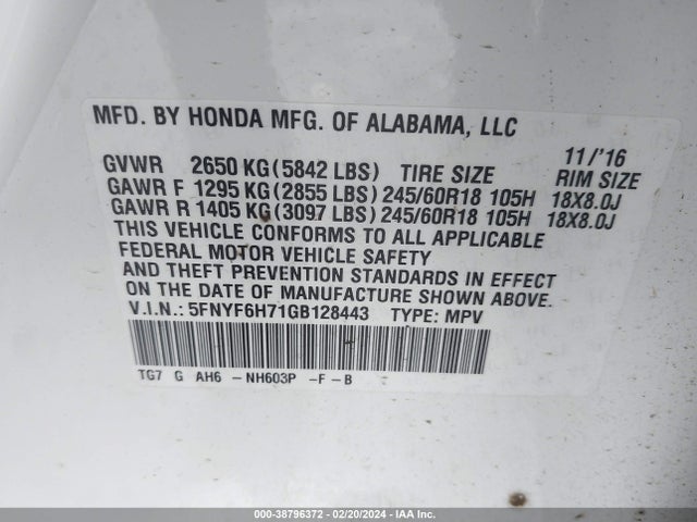Honda Pilot Ex-l 2016 5FNYF6H71GB128443 Image 9