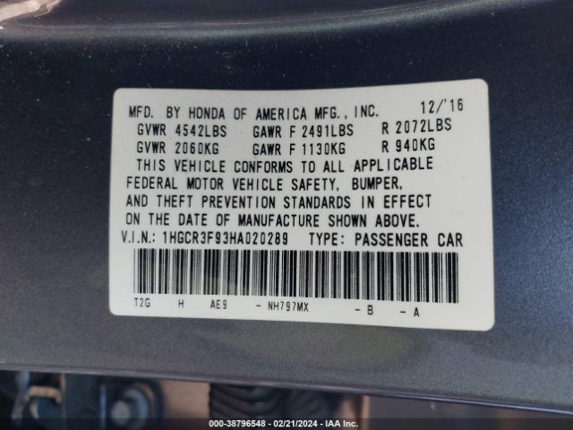 1HGCR3F93HA020289 Honda Accord Touring V6