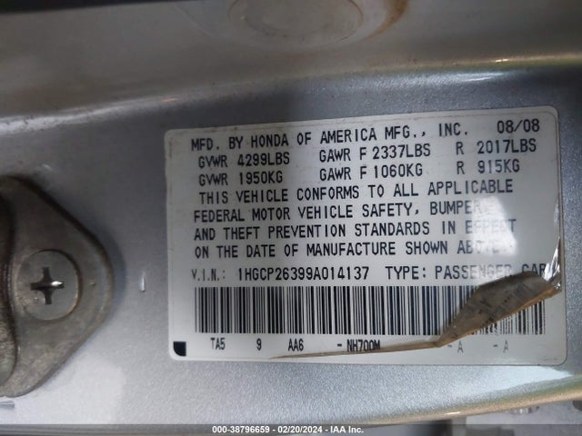 2009 HONDA ACCORD 2.4 LX VIN: 1HGCP26399A014137