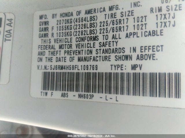 Honda CR-V EX 2015 5J6RM4H59FL109769 Image 9