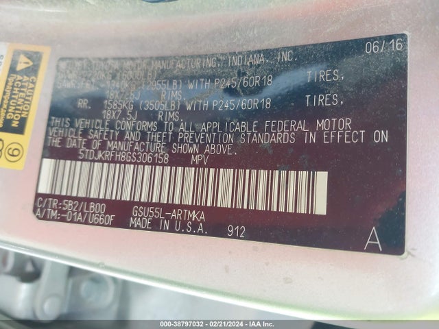 Toyota Highlander Xle V6 2016 5TDJKRFH8GS306158 Image 9