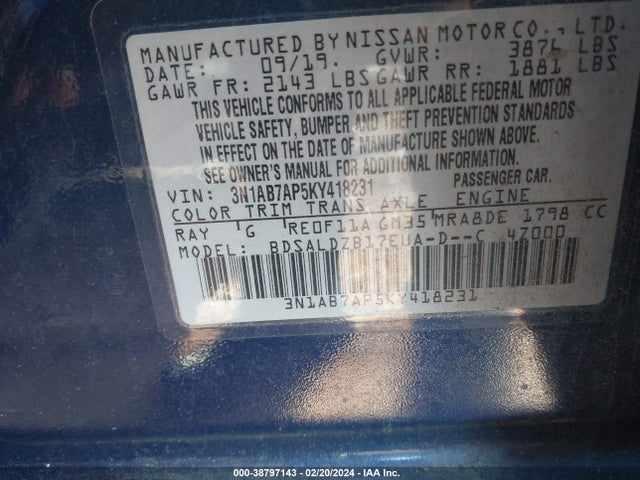 Nissan SENTRA SV 2019 3N1AB7AP5KY418231 Image 9