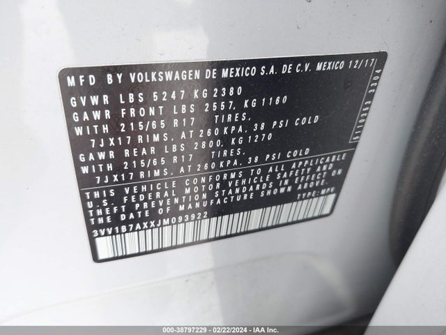 3VV1B7AXXJM093922 Volkswagen Tiguan 2.0t S