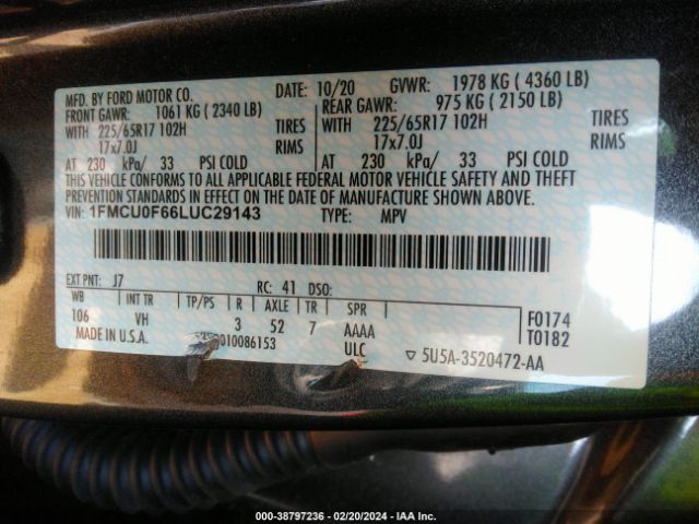 1FMCU0F66LUC29143 Ford ESCAPE S