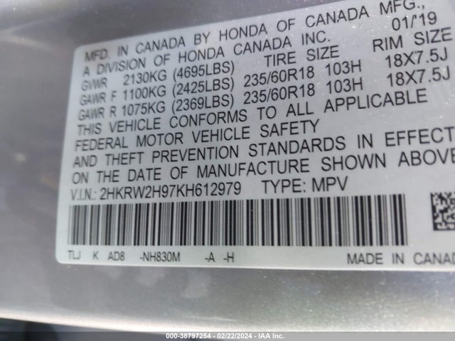 Honda Cr-v Touring 2019 2HKRW2H97KH612979 Image 9