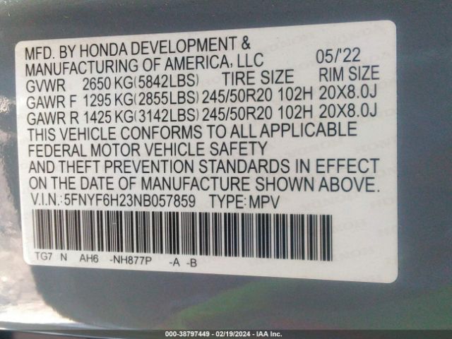 5FNYF6H23NB057859 Honda Pilot Awd Special Edition