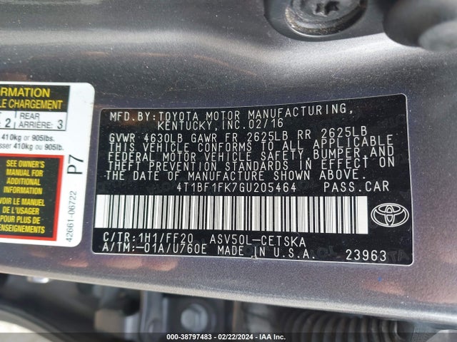 Toyota CAMRY SE 2016 4T1BF1FK7GU205464 Image 9