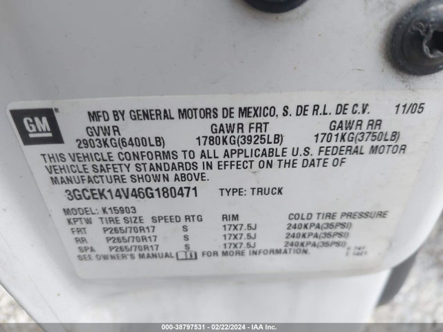 2006 CHEVROLET SILVERADO 1500 WORK TRUCK VIN: 3GCEK14V46G180471
