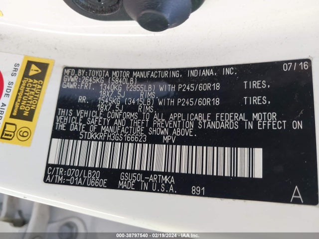 Toyota Highlander Xle V6 2016 5TDKKRFH3GS166623 Image 9
