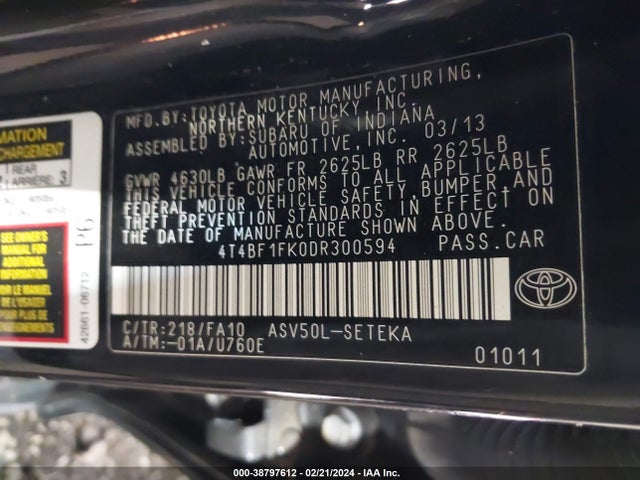 2013 TOYOTA CAMRY L VIN: 4T4BF1FK0DR300594