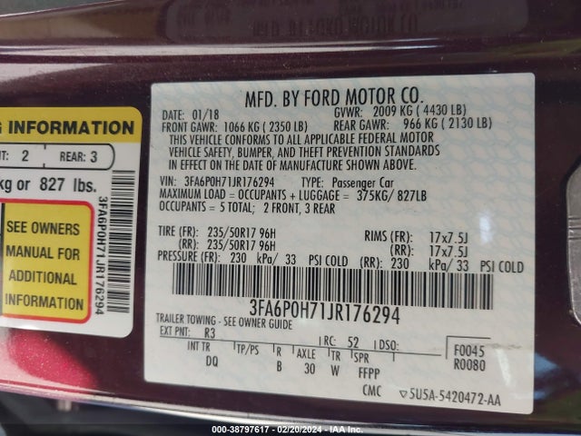 Ford FUSION SE 2018 3FA6P0H71JR176294 Image 9
