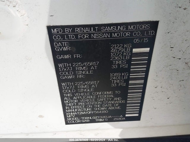 Nissan ROGUE SV 2015 KNMAT2MV0FP564180 Image 9
