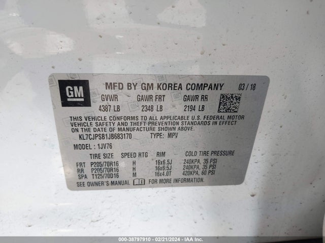 Chevrolet Trax Lt 2018 KL7CJPSB1JB683170 Image 9
