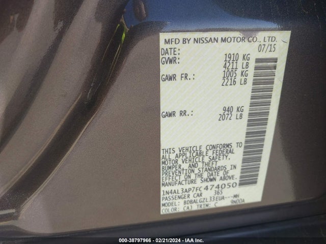 Nissan Altima 2.5 S 2015 1N4AL3AP7FC474050 Image 9