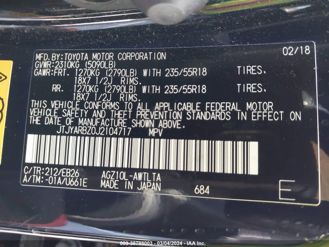 JTJYARBZ0J2104717 Lexus Nx 300 F Sport