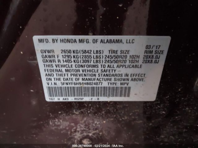 5FNYF6H94HB024077 Honda Pilot Touring
