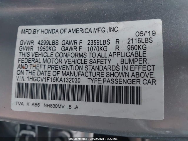Honda ACCORD LX 2019 1HGCV1F15KA132030 Image 9
