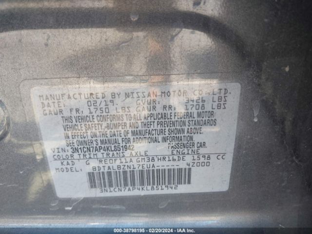 3N1CN7AP4KL851942 Nissan Versa 1.6 Sv