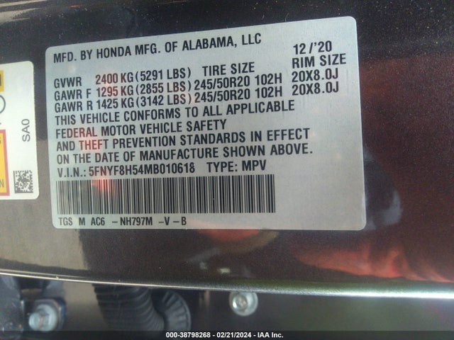Honda Passport Awd Ex-l 2021 5FNYF8H54MB010618 Image 9