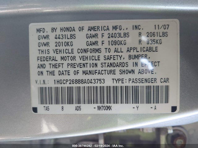 2008 HONDA ACCORD 2.4 EX-L VIN: 1HGCP26888A043753