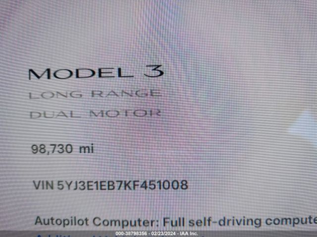 5YJ3E1EB7KF451008 Tesla Model 3 Long Range/performance