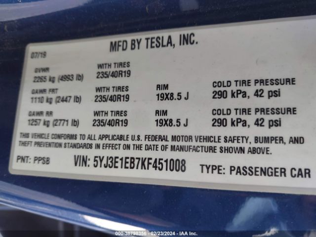 5YJ3E1EB7KF451008 Tesla Model 3 Long Range/performance