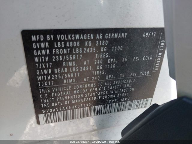 WVGAV7AX9HK051308 Volkswagen Tiguan 2.0t/2.0t S