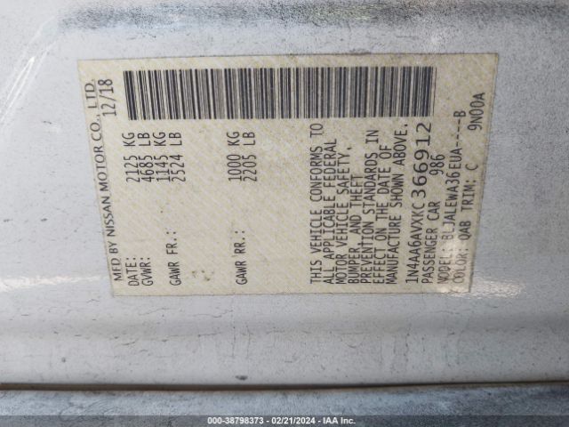 1N4AA6AVXKC366912 Nissan Maxima 3.5 Sl