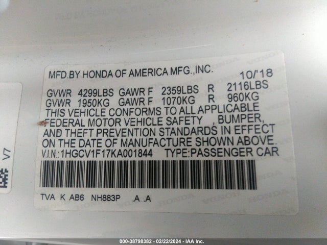Honda ACCORD LX 2019 1HGCV1F17KA001844 Image 9