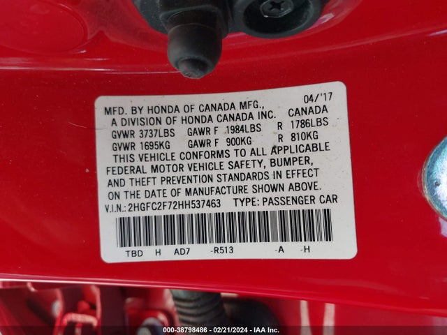 Honda CIVIC EX 2017 2HGFC2F72HH537463 Image 9