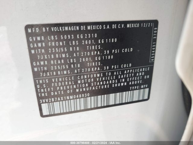 3VV2B7AX1NM048930 Volkswagen Tiguan 2.0t Se