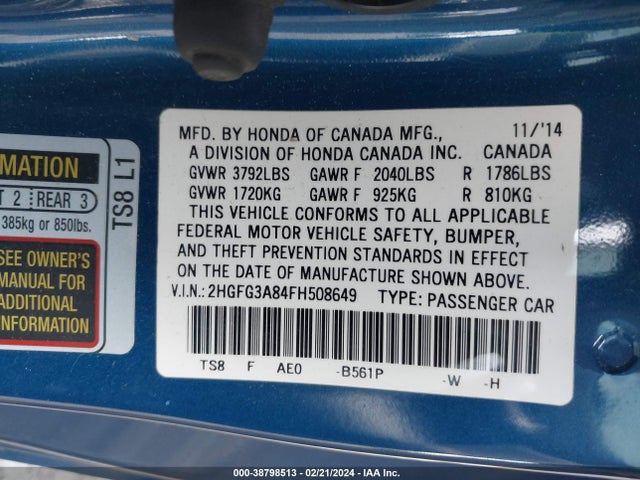 Honda CIVIC EX 2015 2HGFG3A84FH508649 Image 9