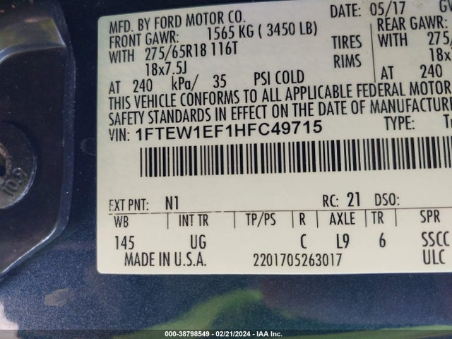 Ford F-150 Xlt 2017 1FTEW1EF1HFC49715 Image 9