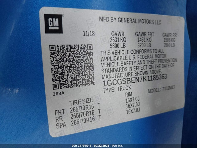 Chevrolet Colorado Wt 2019 1GCGSBEN7K1185363 Image 9