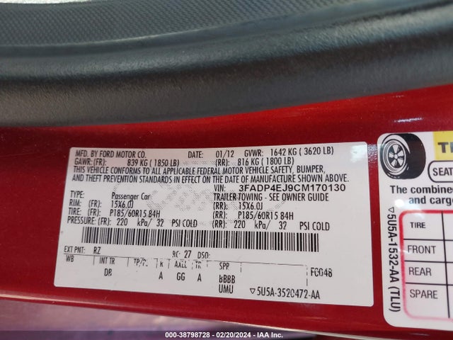 2012 FORD FIESTA SE VIN: 3FADP4EJ9CM170130