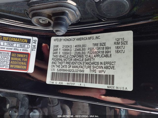 5J6RM4H92GL021649 Honda Cr-v Touring