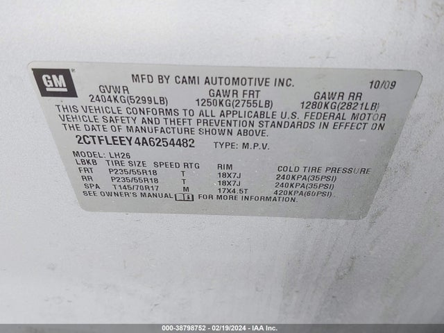 2010 GMC TERRAIN SLE-2 VIN: 2CTFLEEY4A6254482