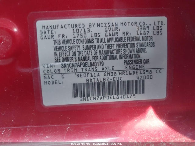 Nissan Versa 1.6 Sv 2014 3N1CN7AP0EL840179 Image 9