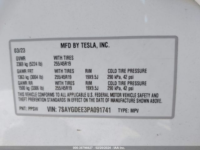 7SAYGDEE3PA091741 Tesla Model Y Awd/long Range Dual Motor All-wheel Drive