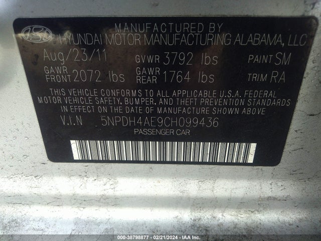 2012 HYUNDAI ELANTRA GLS VIN: 5NPDH4AE9CH099436