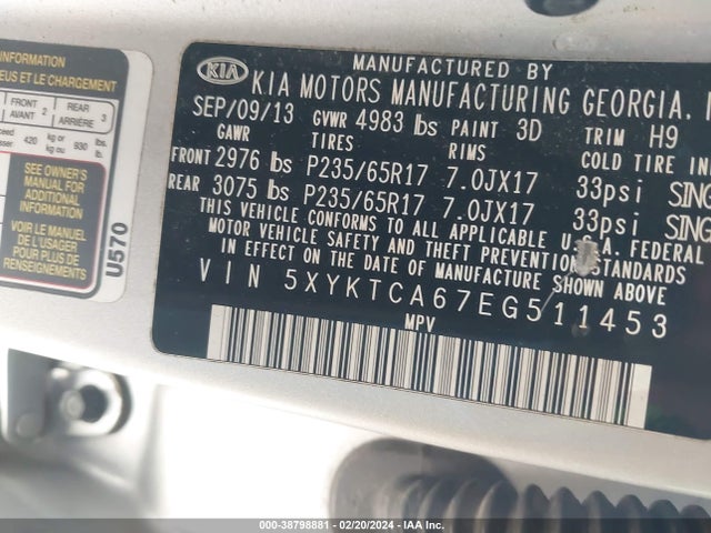 KIA SORENTO LX 2014 5XYKTCA67EG511453 Image 9