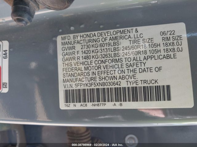 5FPYK3F5XNB030642 Honda Ridgeline Rtl