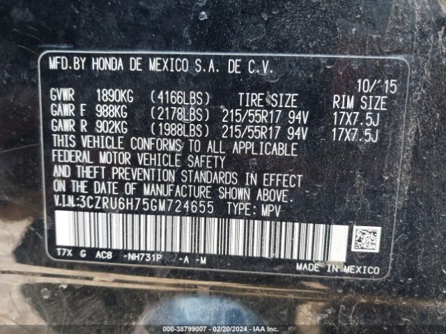 3CZRU6H75GM724655 Honda Hr-v Ex-l