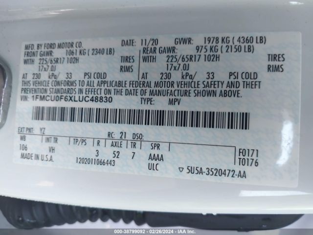2020 FORD ESCAPE 1FMCU0F6XLUC48830 Photo 8