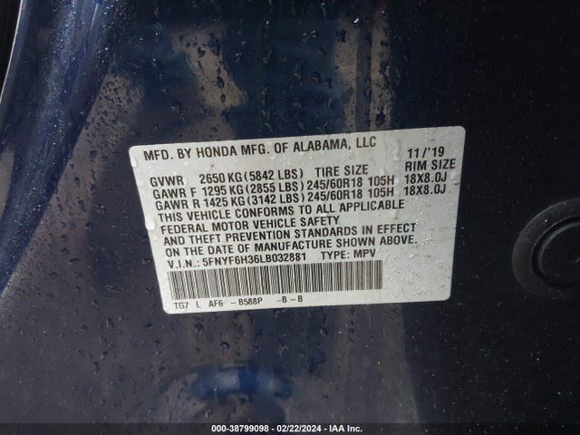 Honda Pilot Awd Ex 2020 5FNYF6H36LB032881 Image 9